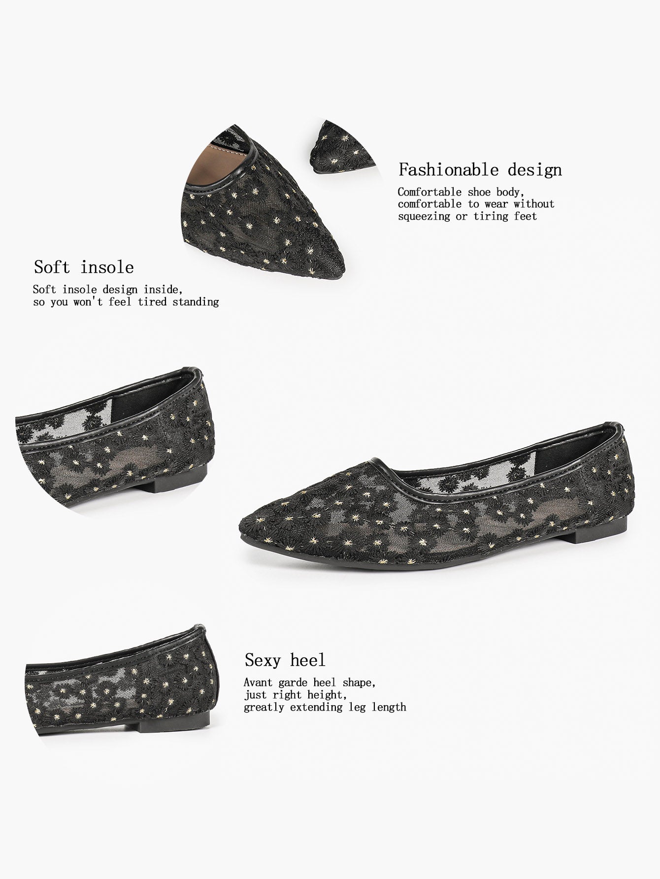 Women's Pointed Toe Daisy Embroidery Mesh Flats Slip On Elegant Summer Shoes for Bridal Casual Outfit