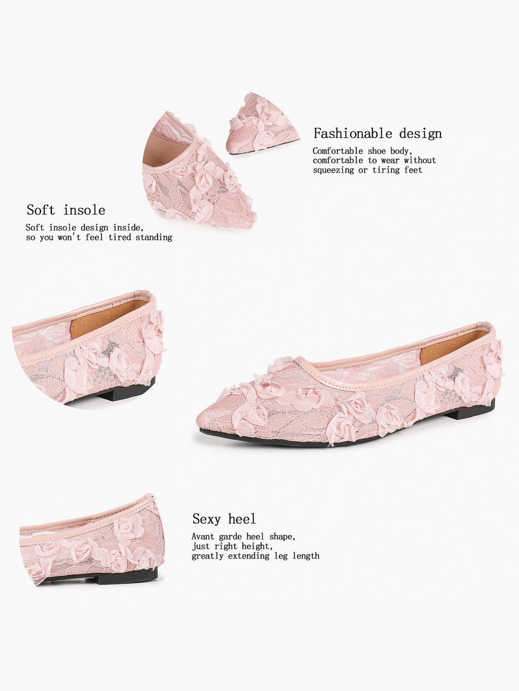 Women's White Lace Floral Ballet Flats Pointed Toe Slip-On Ballerina Dress Shoes