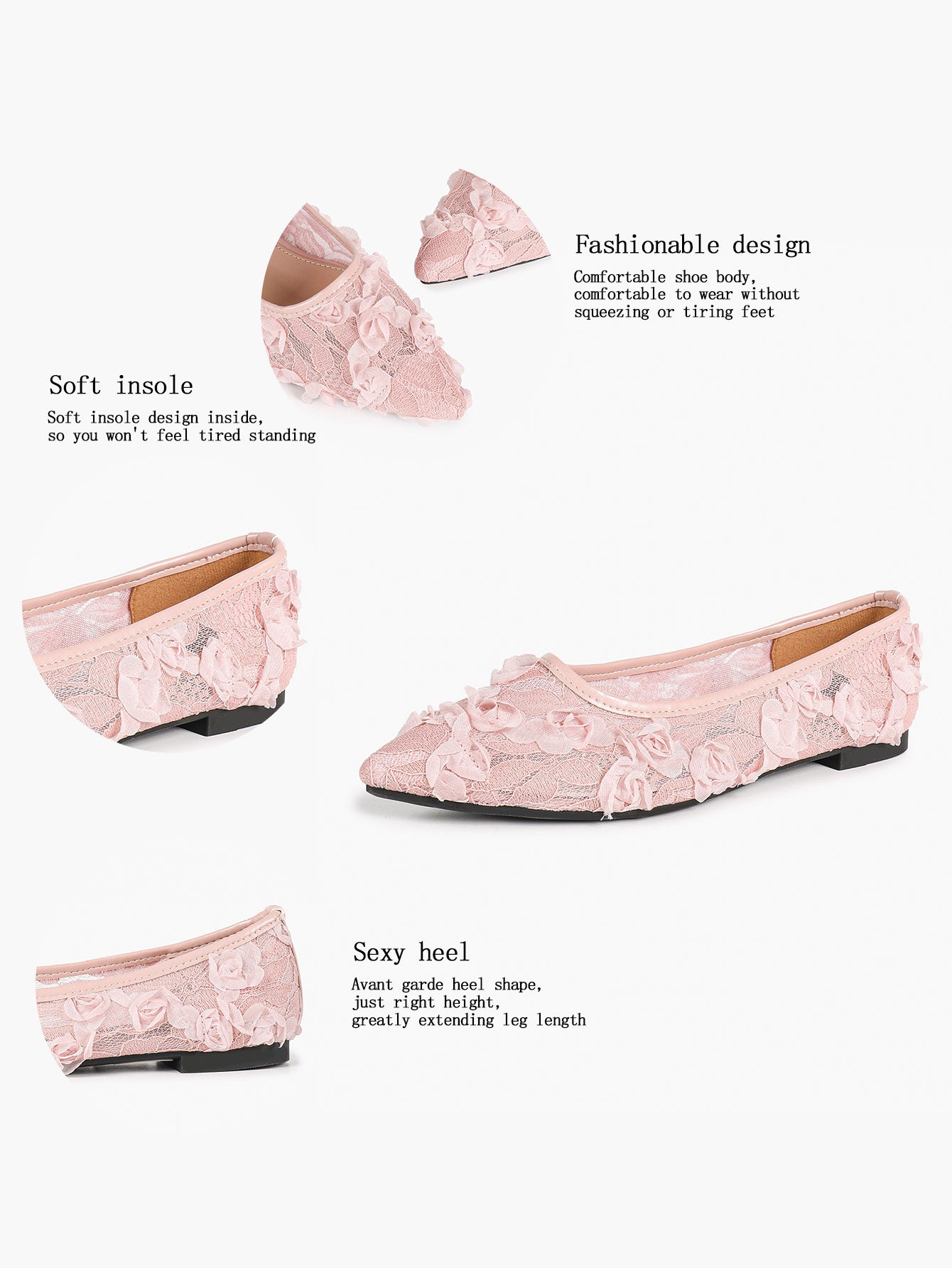 Women's White Lace Floral Ballet Flats Pointed Toe Slip-On Ballerina Dress Shoes