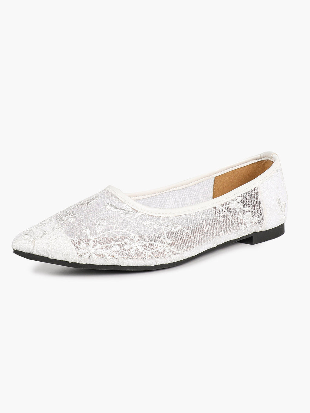 Pointed Toe White Lace Flats Floral Mesh Embroidery Slip On Soft Shoes for Bridal Ceremony and Daily Wear