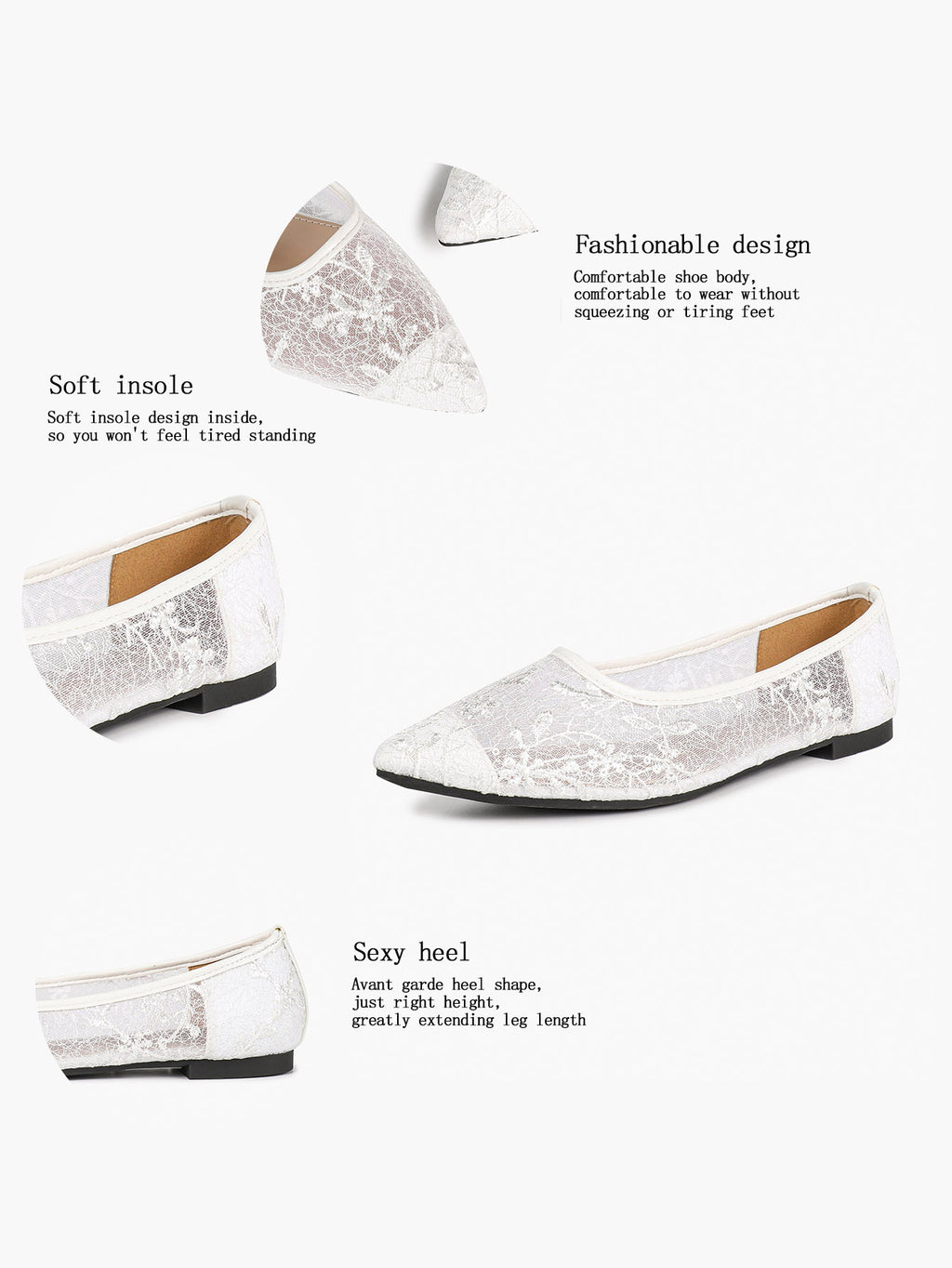 Pointed Toe White Lace Flats Floral Mesh Embroidery Slip On Soft Shoes for Bridal Ceremony and Daily Wear