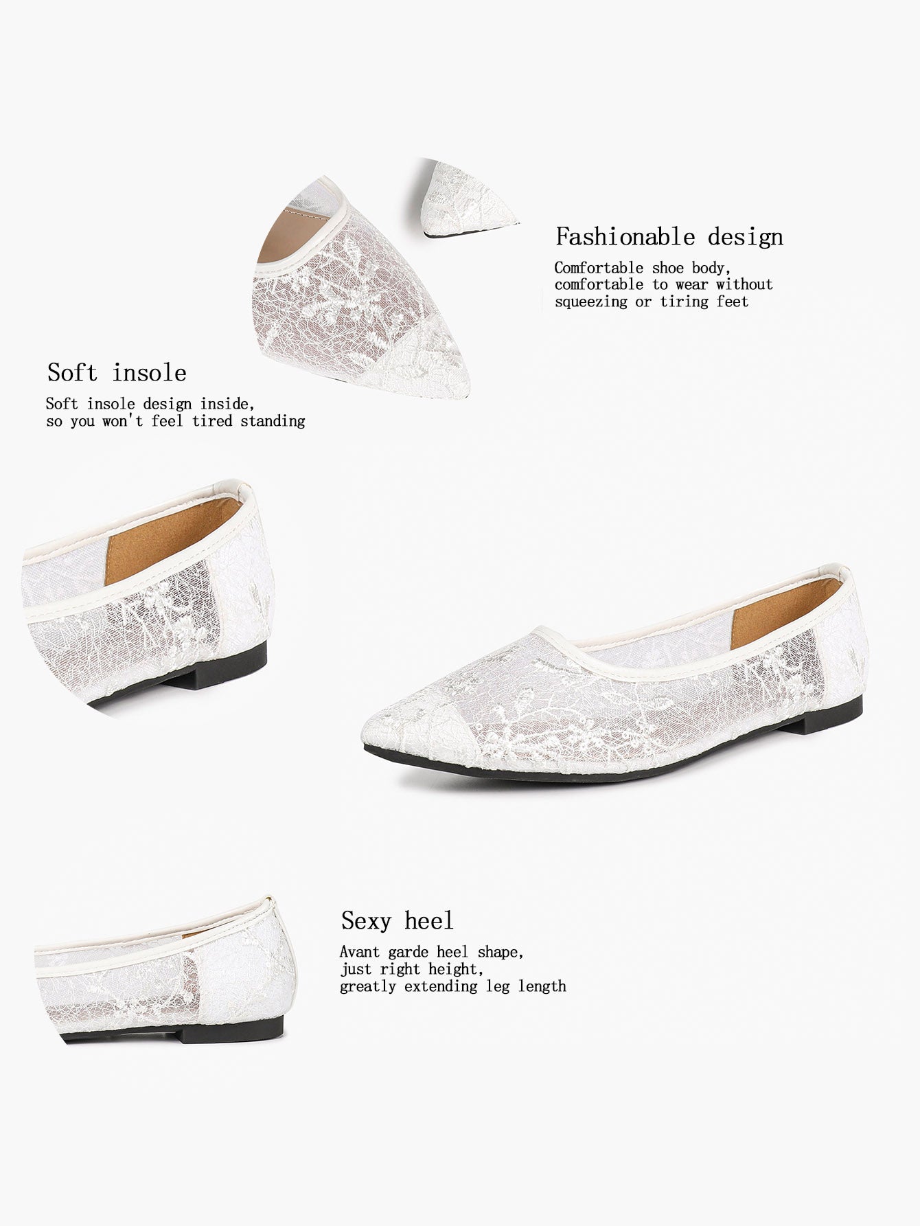 Pointed Toe White Lace Flats Floral Mesh Embroidery Slip On Soft Shoes for Bridal Ceremony and Daily Wear