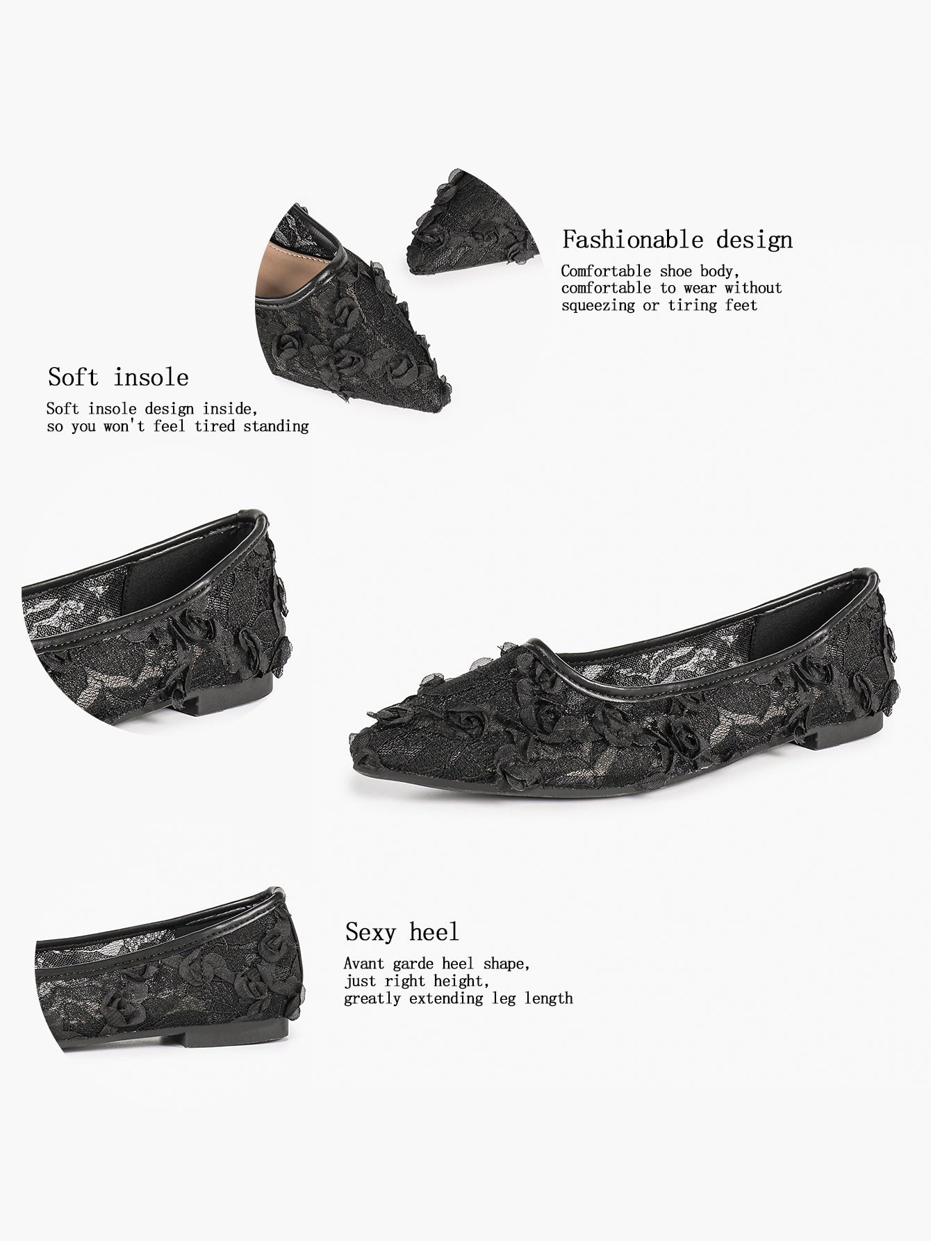 Women's White Lace Floral Ballet Flats Pointed Toe Slip-On Ballerina Dress Shoes