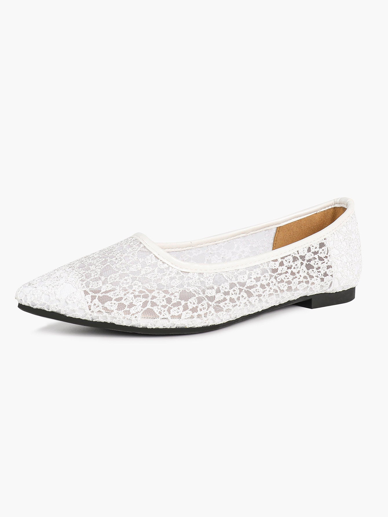 Women's Pointed Toe Mesh Lace Flats White Slip On Soft Shoes Bridal Ceremony Daily Outfit