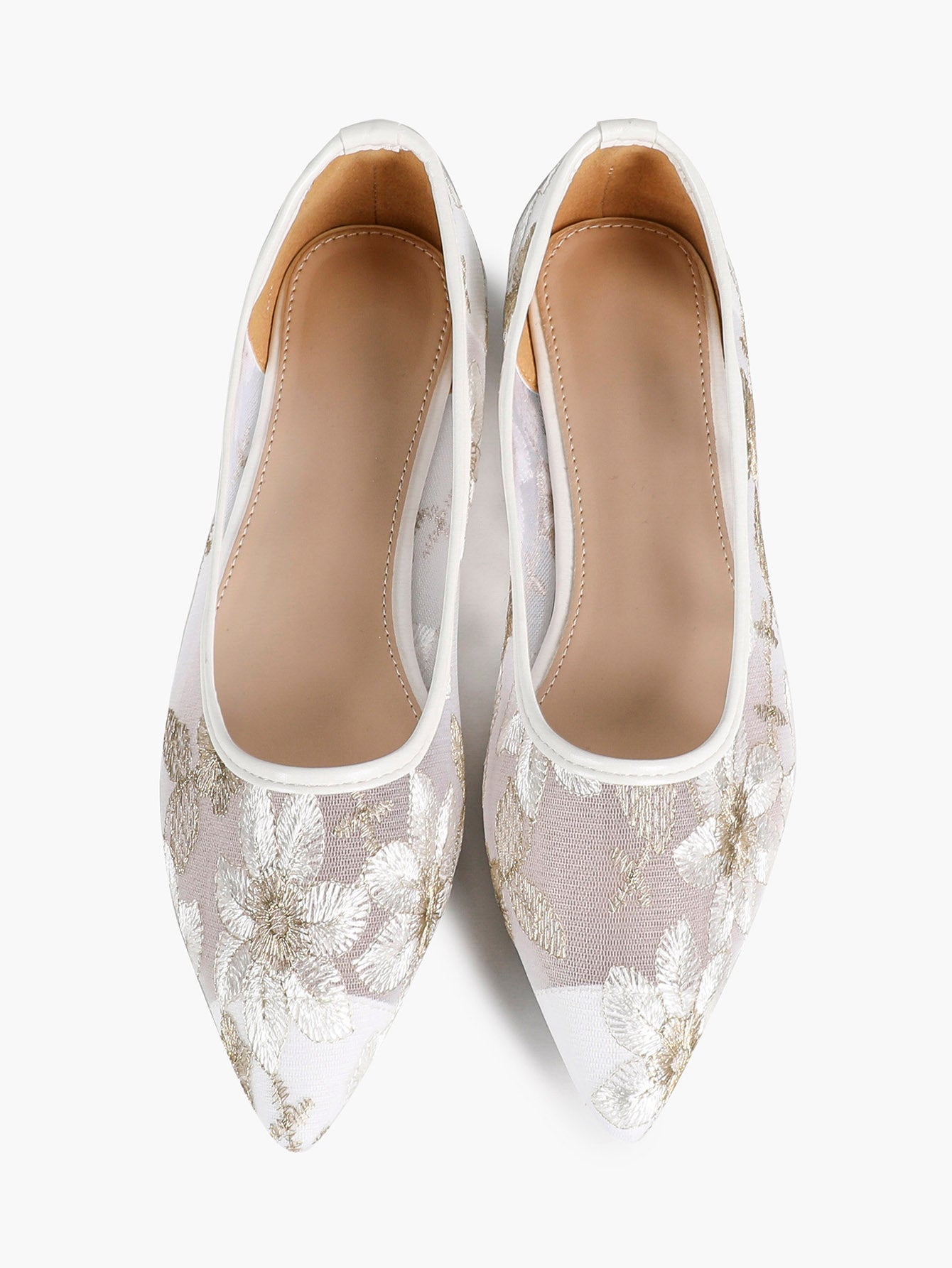 Pointed Toe Gold Thread Embroidery Mesh Ballet Flats Slip On for Bridal Daily Outfit