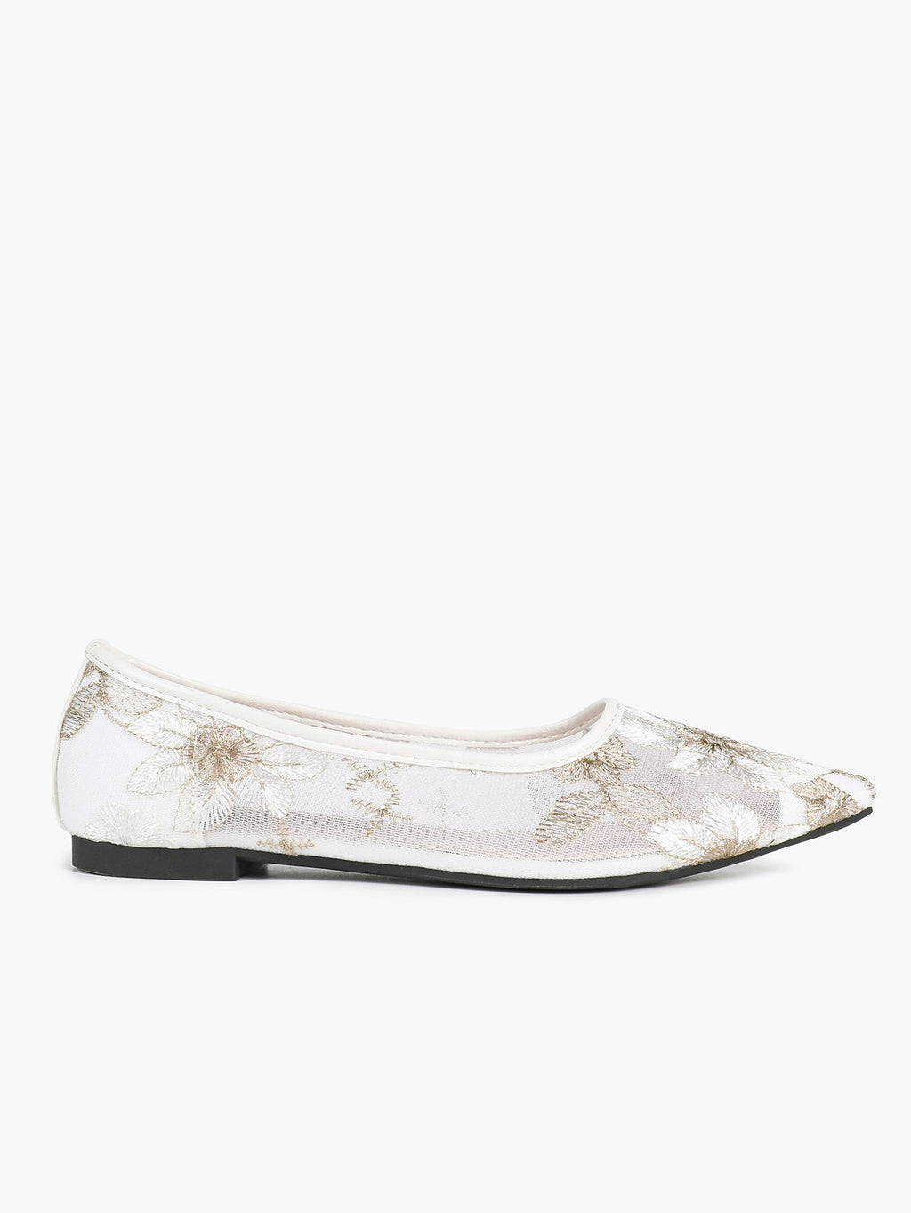 Pointed Toe Gold Thread Embroidery Mesh Ballet Flats Slip On for Bridal Daily Outfit
