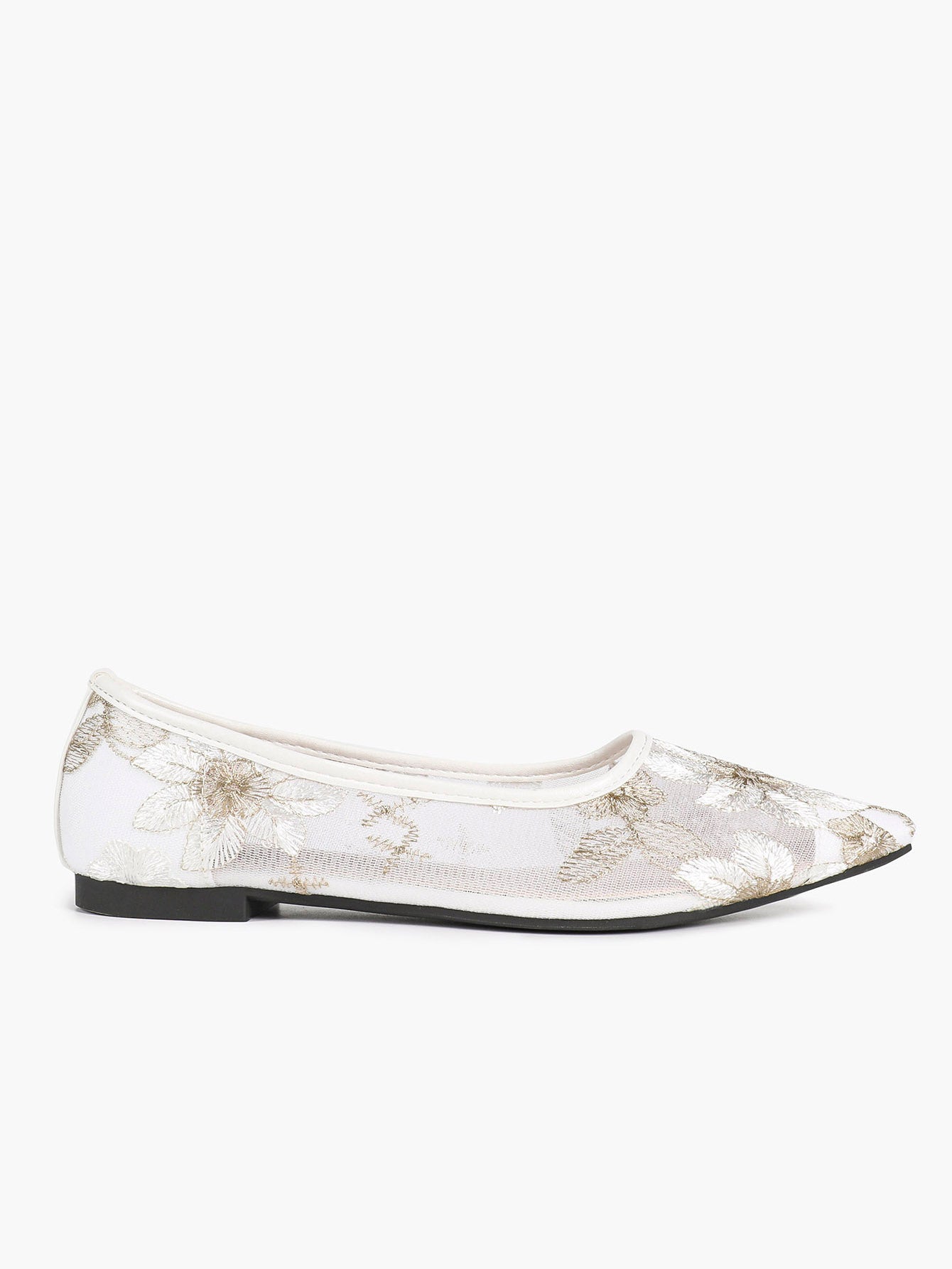Pointed Toe Gold Thread Embroidery Mesh Ballet Flats Slip On for Bridal Daily Outfit