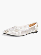 Pointed Toe Gold Thread Embroidery Mesh Ballet Flats Slip On for Bridal Daily Outfit