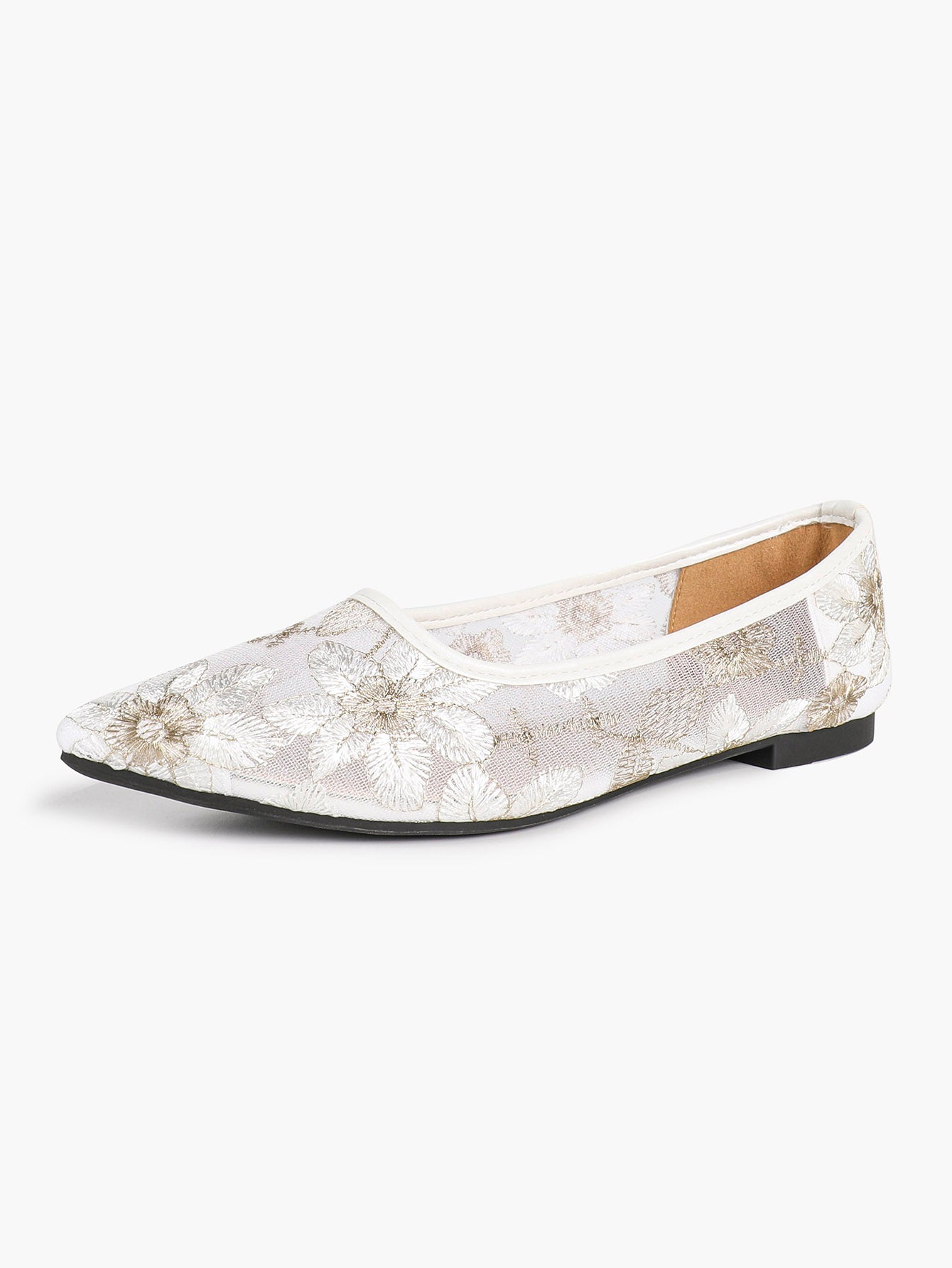 Pointed Toe Gold Thread Embroidery Mesh Ballet Flats Slip On for Bridal Daily Outfit