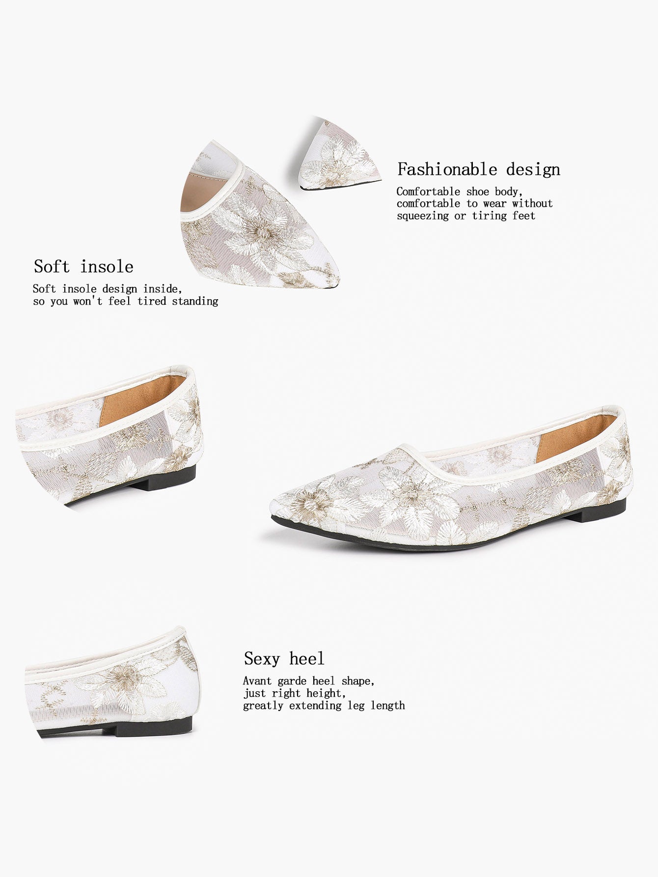 Pointed Toe Gold Thread Embroidery Mesh Ballet Flats Slip On for Bridal Daily Outfit