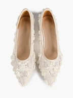 Women's White Lace Floral Ballet Flats Pointed Toe Slip-On Ballerina Dress Shoes