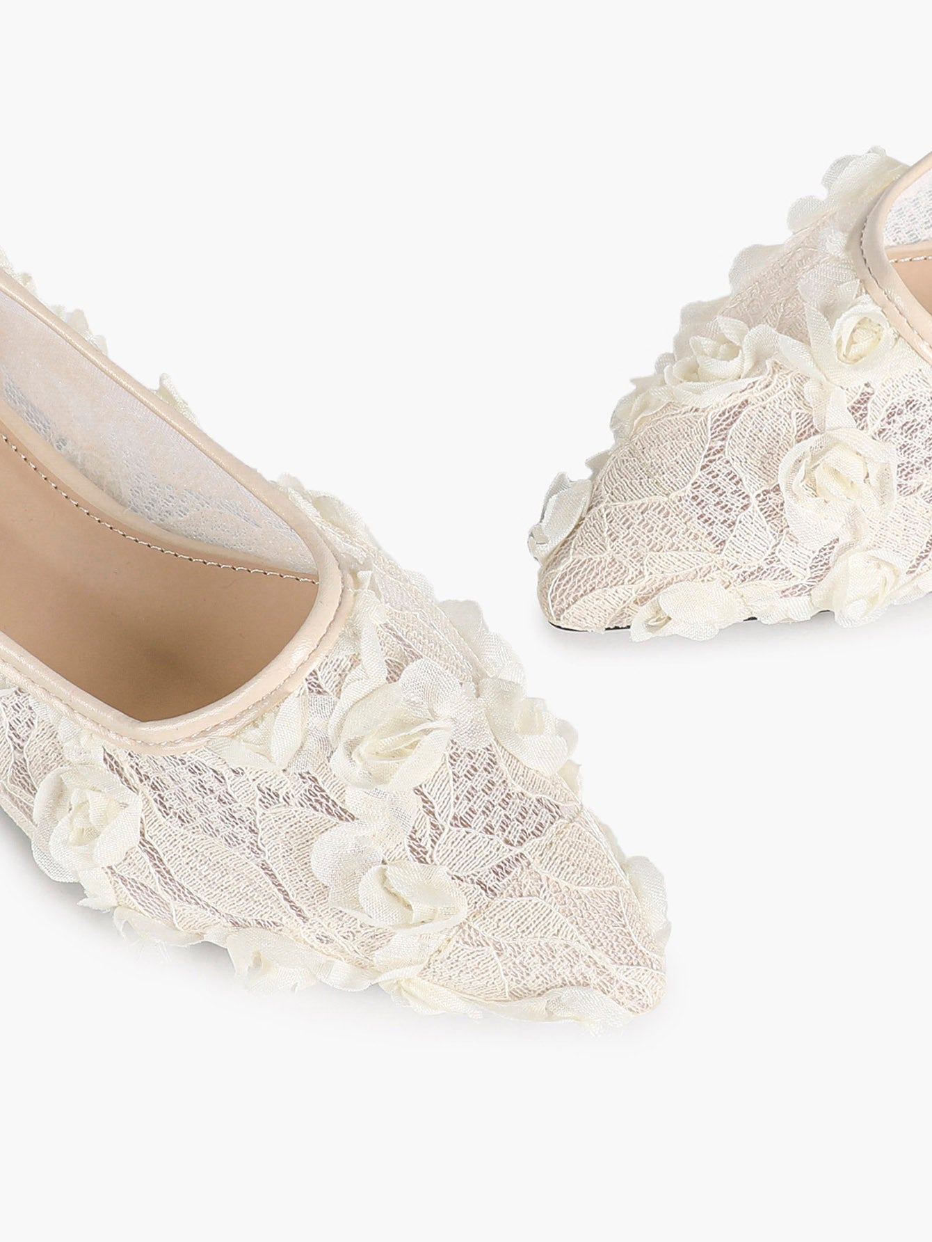 Women's White Lace Floral Ballet Flats Pointed Toe Slip-On Ballerina Dress Shoes
