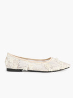 Women's White Lace Floral Ballet Flats Pointed Toe Slip-On Ballerina Dress Shoes