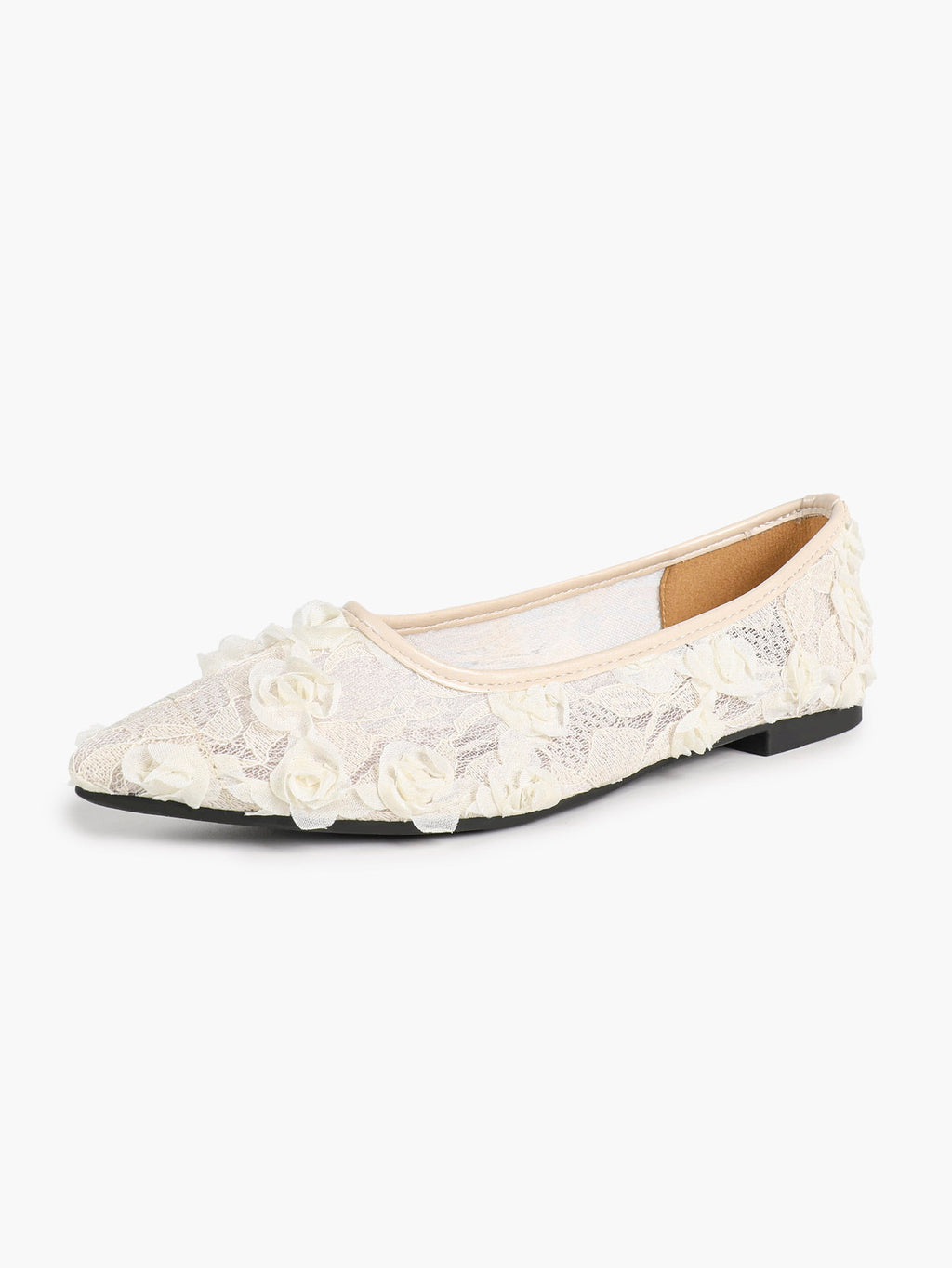 Women's White Lace Floral Ballet Flats Pointed Toe Slip-On Ballerina Dress Shoes