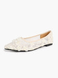 Women's White Lace Floral Ballet Flats Pointed Toe Slip-On Ballerina Dress Shoes