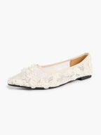 Women's White Lace Floral Ballet Flats Pointed Toe Slip-On Ballerina Dress Shoes