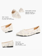 Women's White Lace Floral Ballet Flats Pointed Toe Slip-On Ballerina Dress Shoes