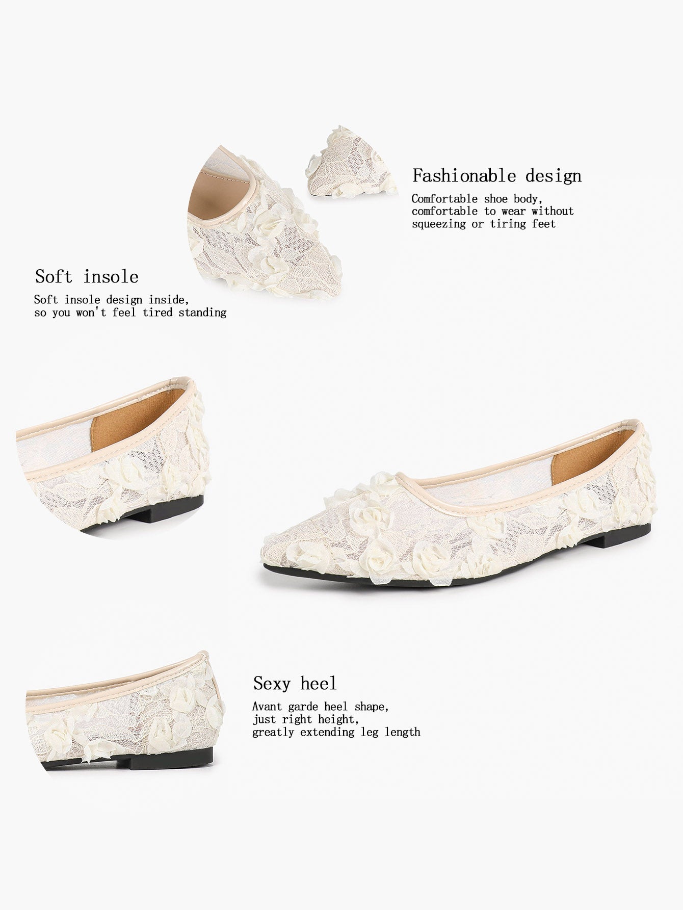Women's White Lace Floral Ballet Flats Pointed Toe Slip-On Ballerina Dress Shoes