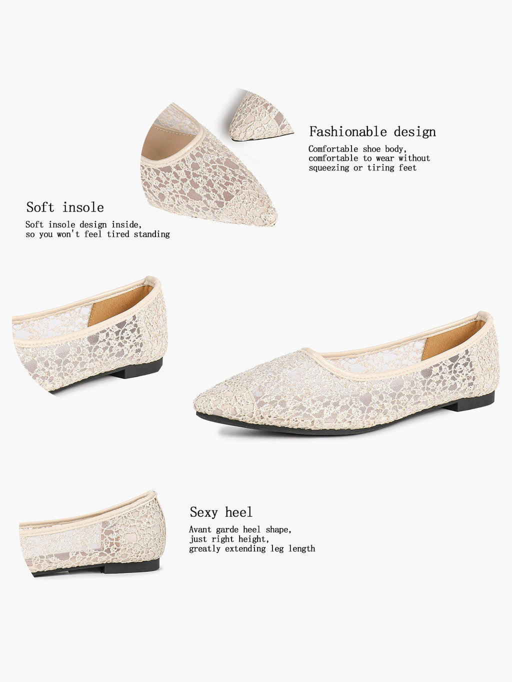 Women's Pointed Toe Mesh Lace Flats White Slip On Soft Shoes Bridal Ceremony Daily Outfit