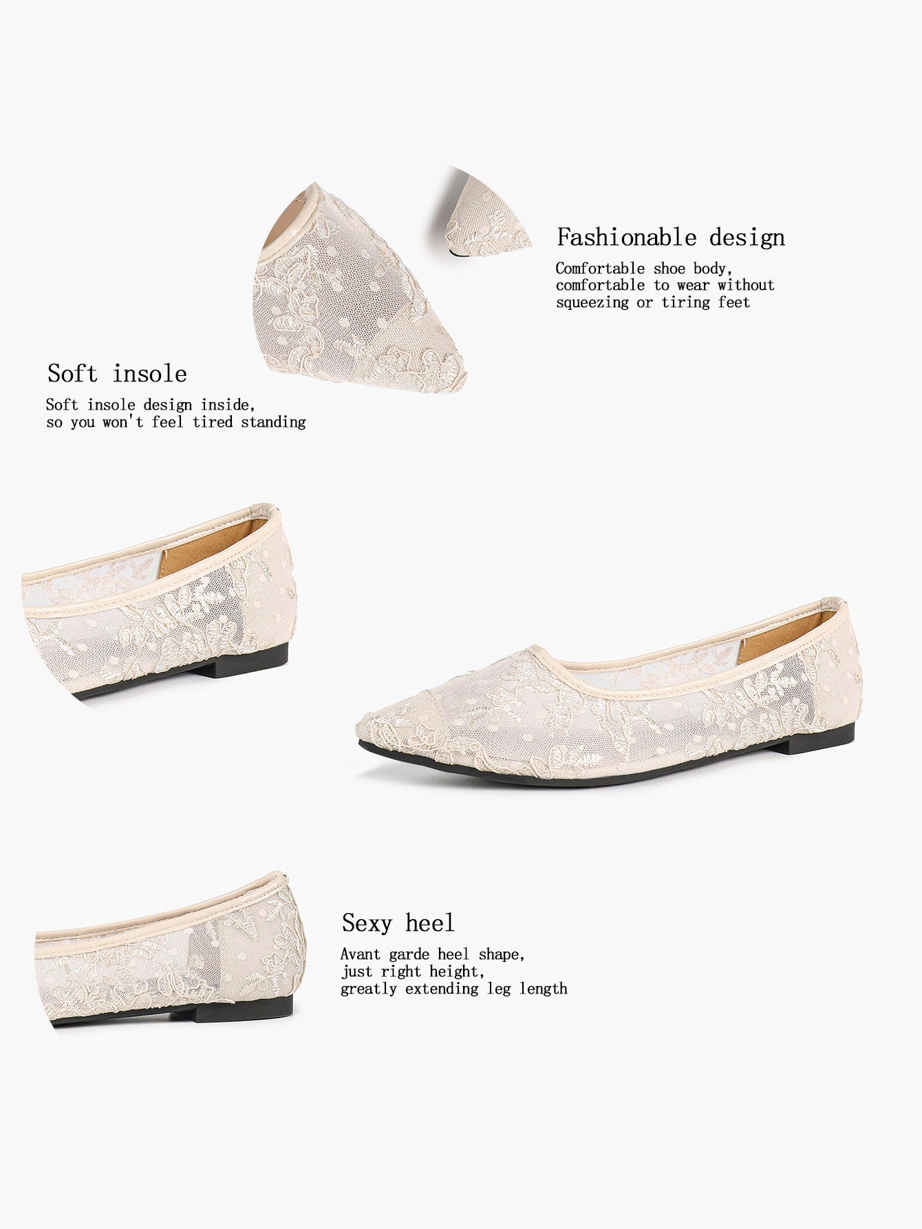 Women's Lace Embroidered Ballet Flats Floral Mesh Pointed Toe Slip On Shoes Daily Casual Wear