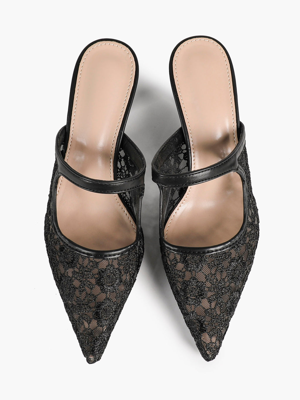 Lace Mule Heels Pointed Toe Kitten Heel Slides Single Strap Elegant Shoes Party Evening Heels