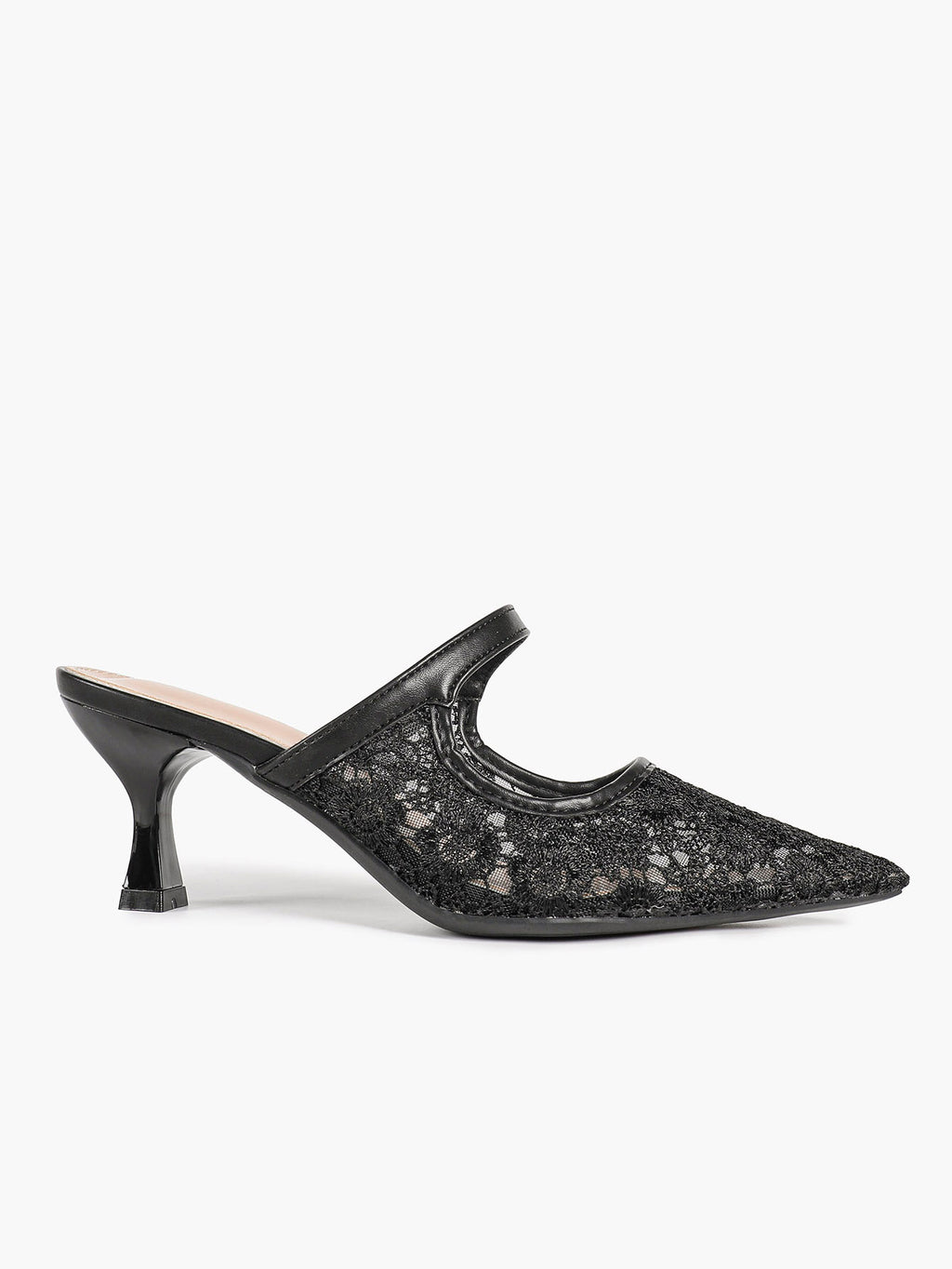 Lace Mule Heels Pointed Toe Kitten Heel Slides Single Strap Elegant Shoes Party Evening Heels