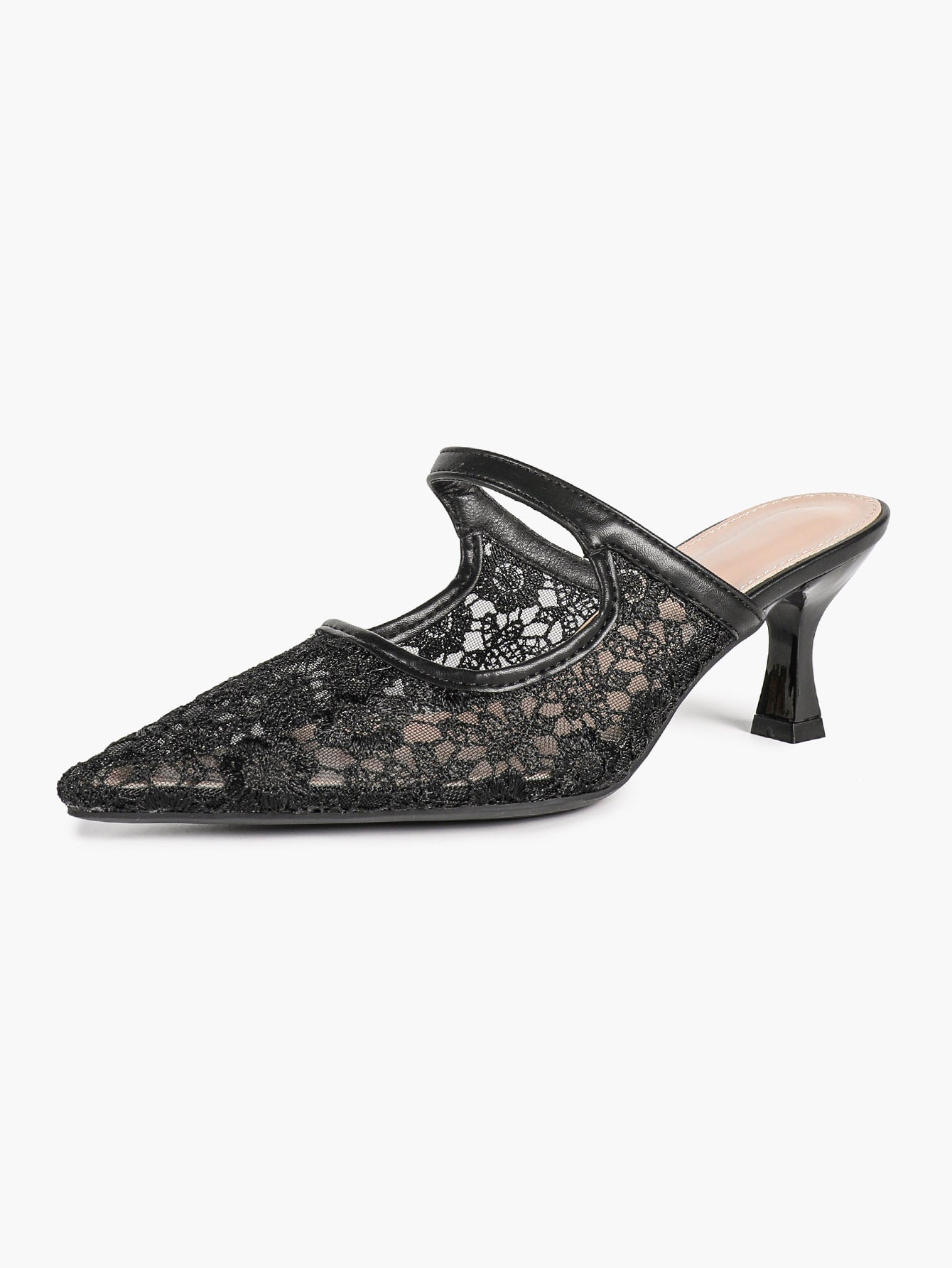 Lace Mule Heels Pointed Toe Kitten Heel Slides Single Strap Elegant Shoes Party Evening Heels