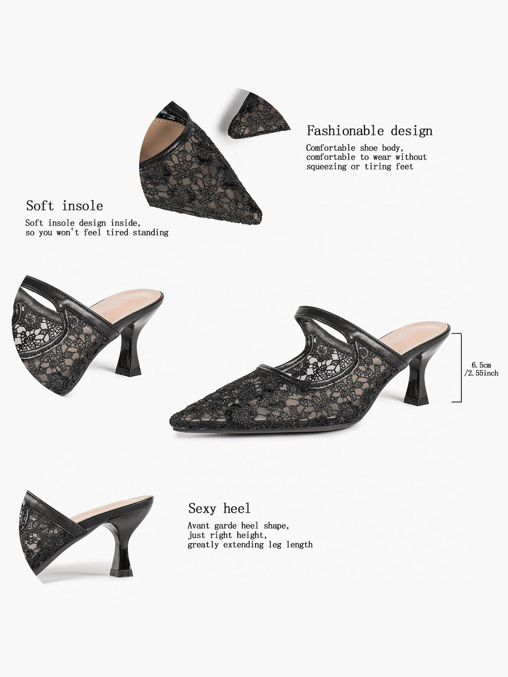 Lace Mule Heels Pointed Toe Kitten Heel Slides Single Strap Elegant Shoes Party Evening Heels