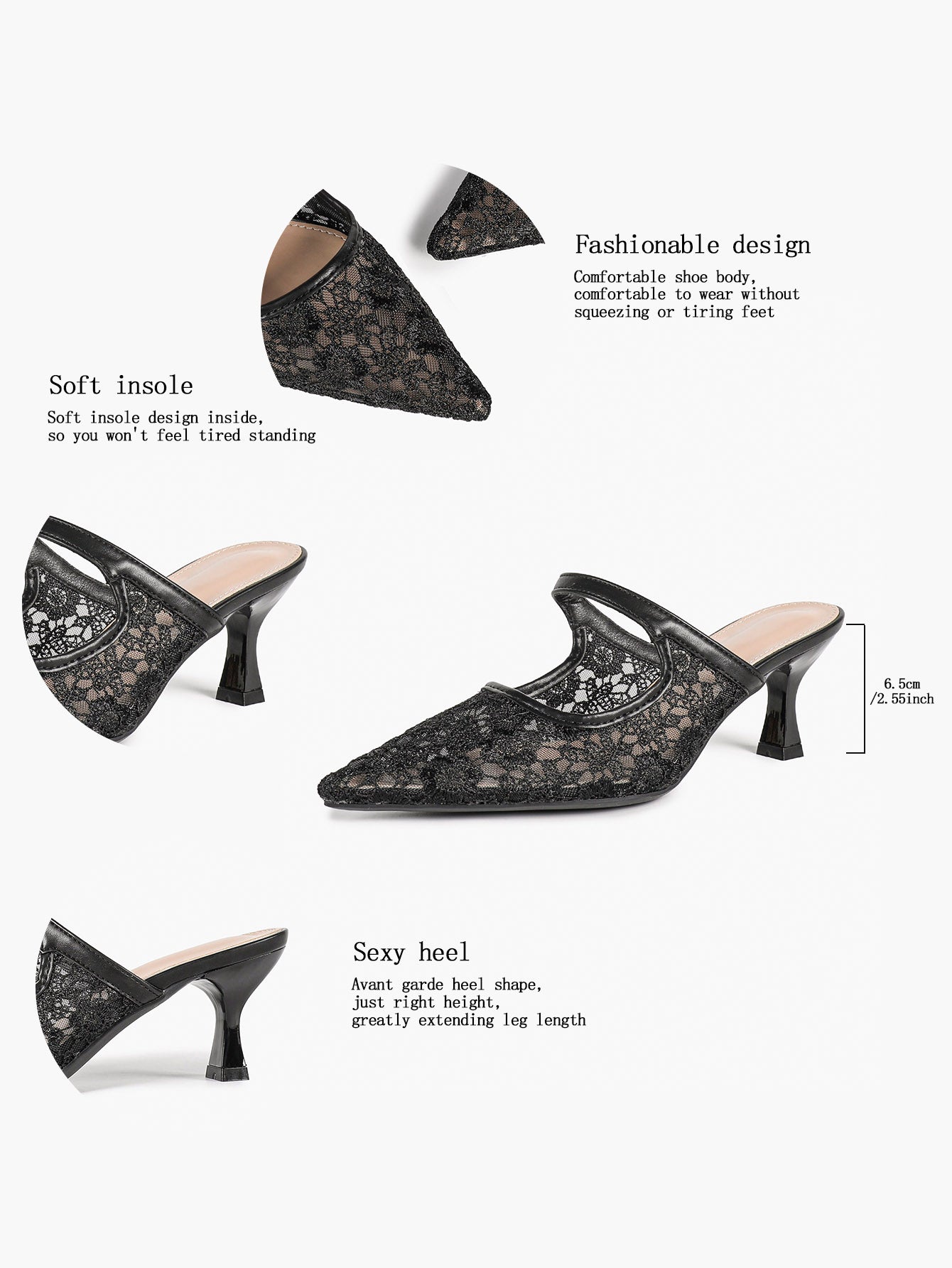 Lace Mule Heels Pointed Toe Kitten Heel Slides Single Strap Elegant Shoes Party Evening Heels