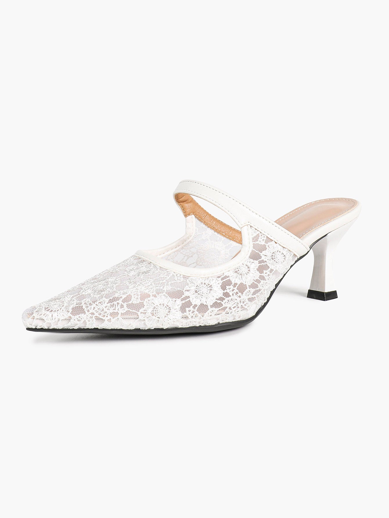 Lace Mule Heels Pointed Toe Kitten Heel Slides Single Strap Elegant Shoes Party Evening Heels