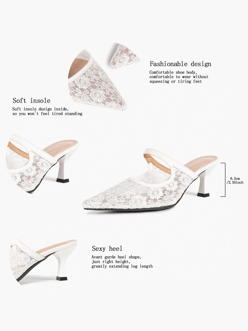 Lace Mule Heels Pointed Toe Kitten Heel Slides Single Strap Elegant Shoes Party Evening Heels