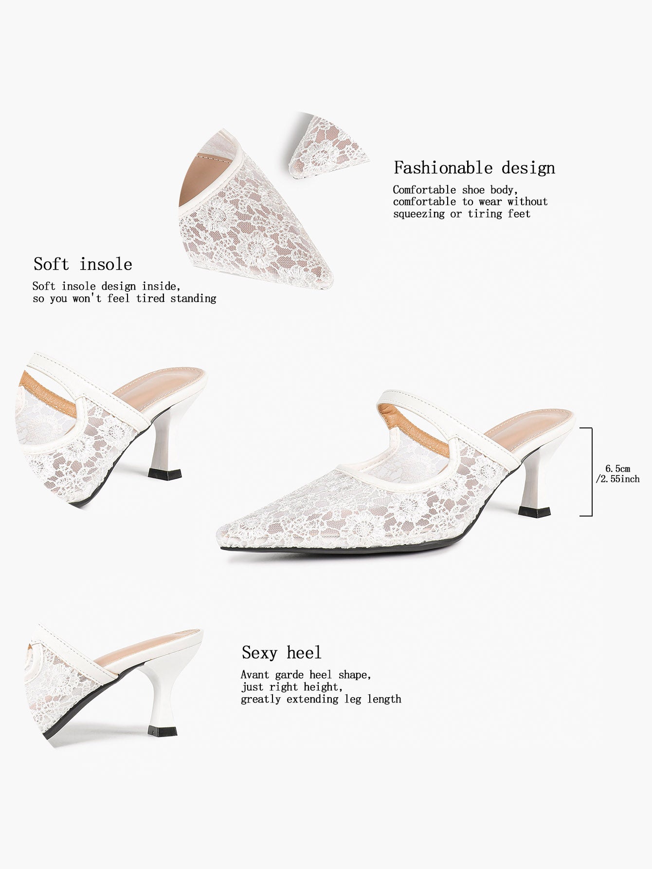 Lace Mule Heels Pointed Toe Kitten Heel Slides Single Strap Elegant Shoes Party Evening Heels