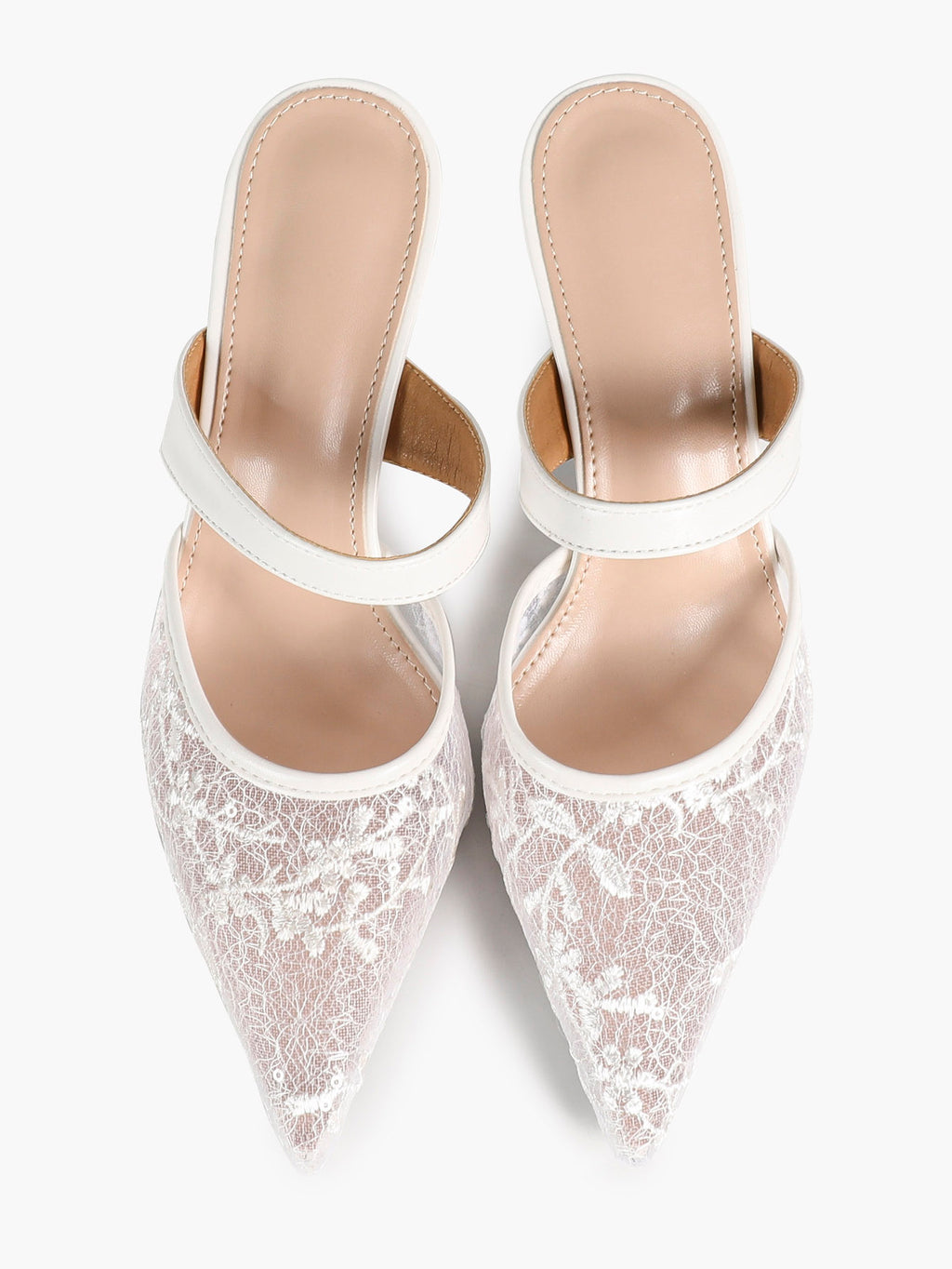 White Floral Lace Mule Heels Pointed Toe Kitten Heel Slip On Dress Shoes Wedding Party