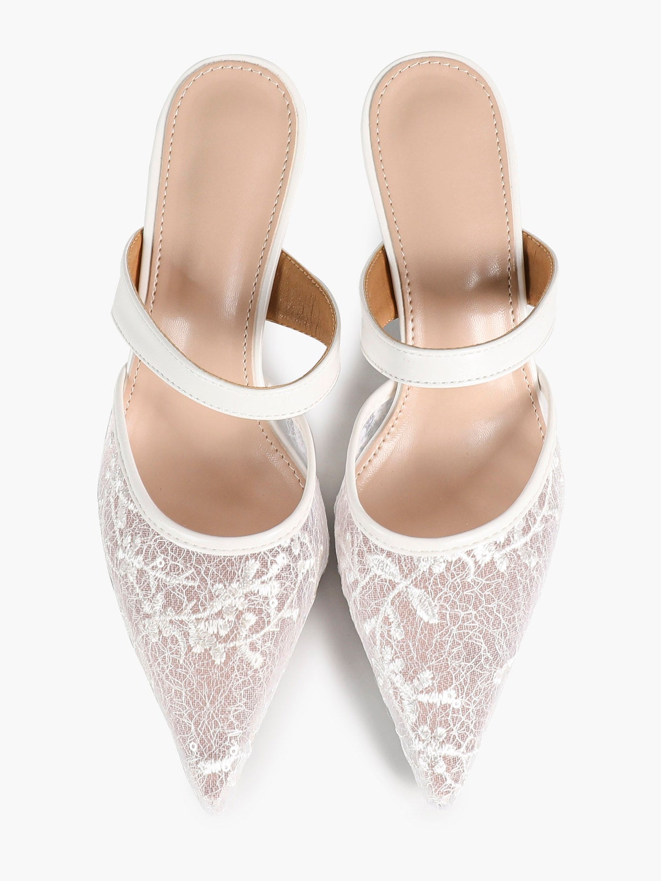 White Floral Lace Mule Heels Pointed Toe Kitten Heel Slip On Dress Shoes Wedding Party