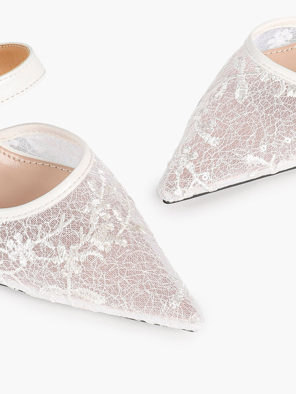 White Floral Lace Mule Heels Pointed Toe Kitten Heel Slip On Dress Shoes Wedding Party