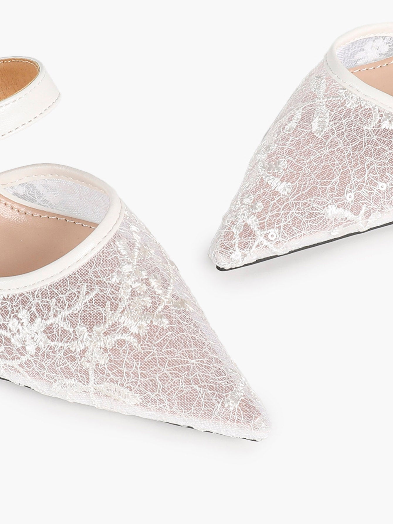 White Floral Lace Mule Heels Pointed Toe Kitten Heel Slip On Dress Shoes Wedding Party