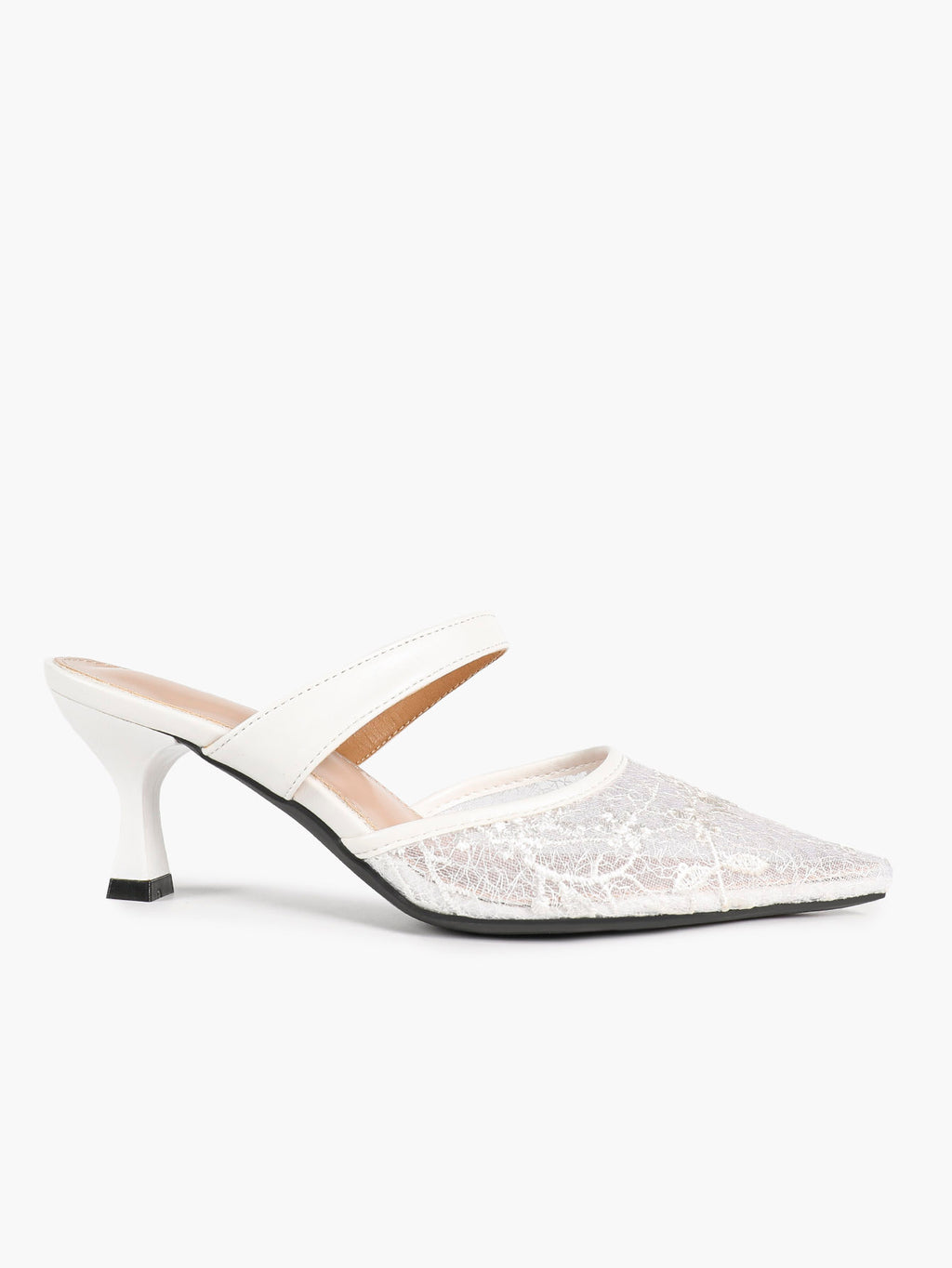 White Floral Lace Mule Heels Pointed Toe Kitten Heel Slip On Dress Shoes Wedding Party