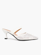 White Floral Lace Mule Heels Pointed Toe Kitten Heel Slip On Dress Shoes Wedding Party