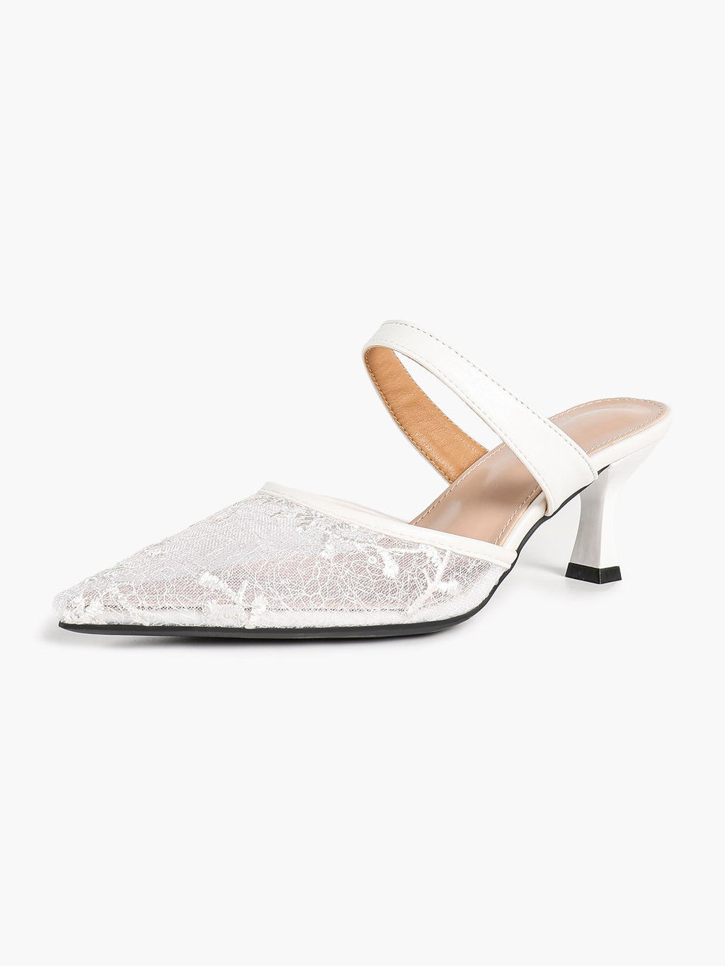 White Floral Lace Mule Heels Pointed Toe Kitten Heel Slip On Dress Shoes Wedding Party