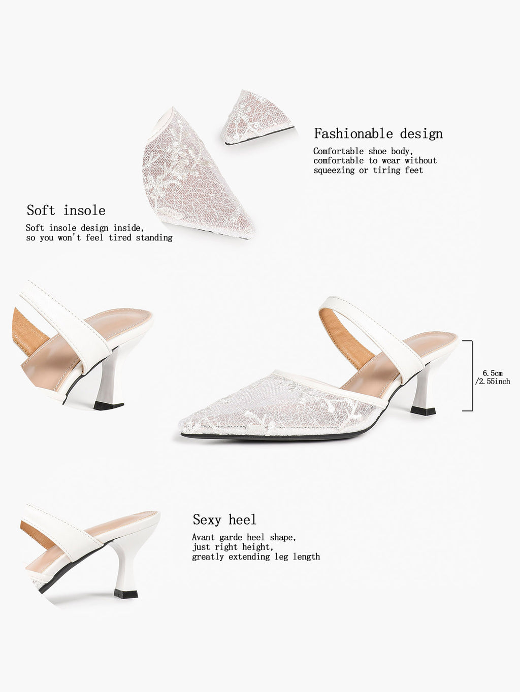 White Floral Lace Mule Heels Pointed Toe Kitten Heel Slip On Dress Shoes Wedding Party