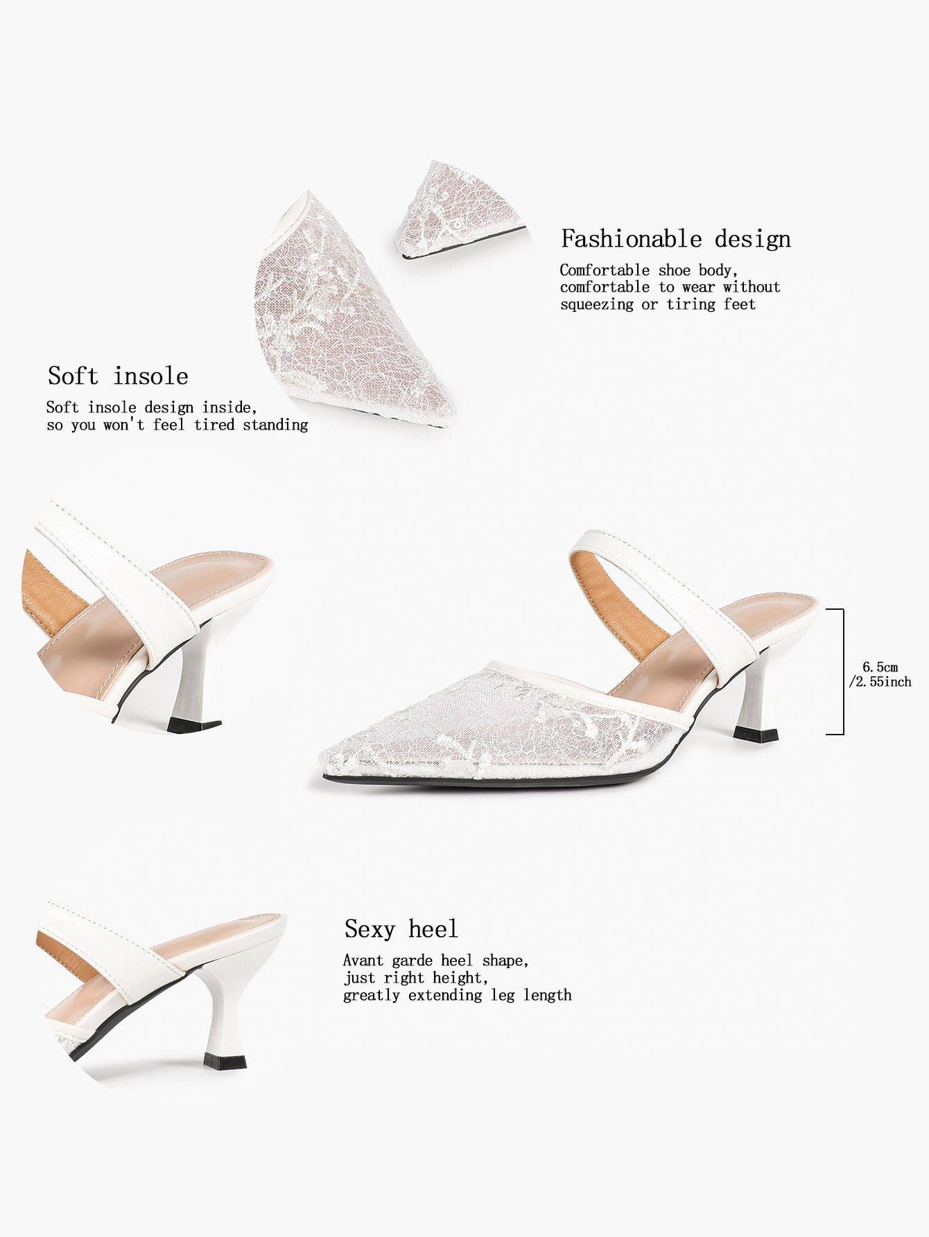 White Floral Lace Mule Heels Pointed Toe Kitten Heel Slip On Dress Shoes Wedding Party