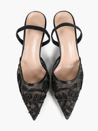 Women's Mesh Embroidered Slingback Heels Pointed Toe Kitten Heel Pumps Elegant Shoes Party Wear