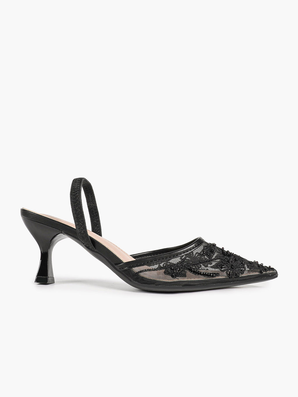 Women's Mesh Embroidered Slingback Heels Pointed Toe Kitten Heel Pumps Elegant Shoes Party Wear