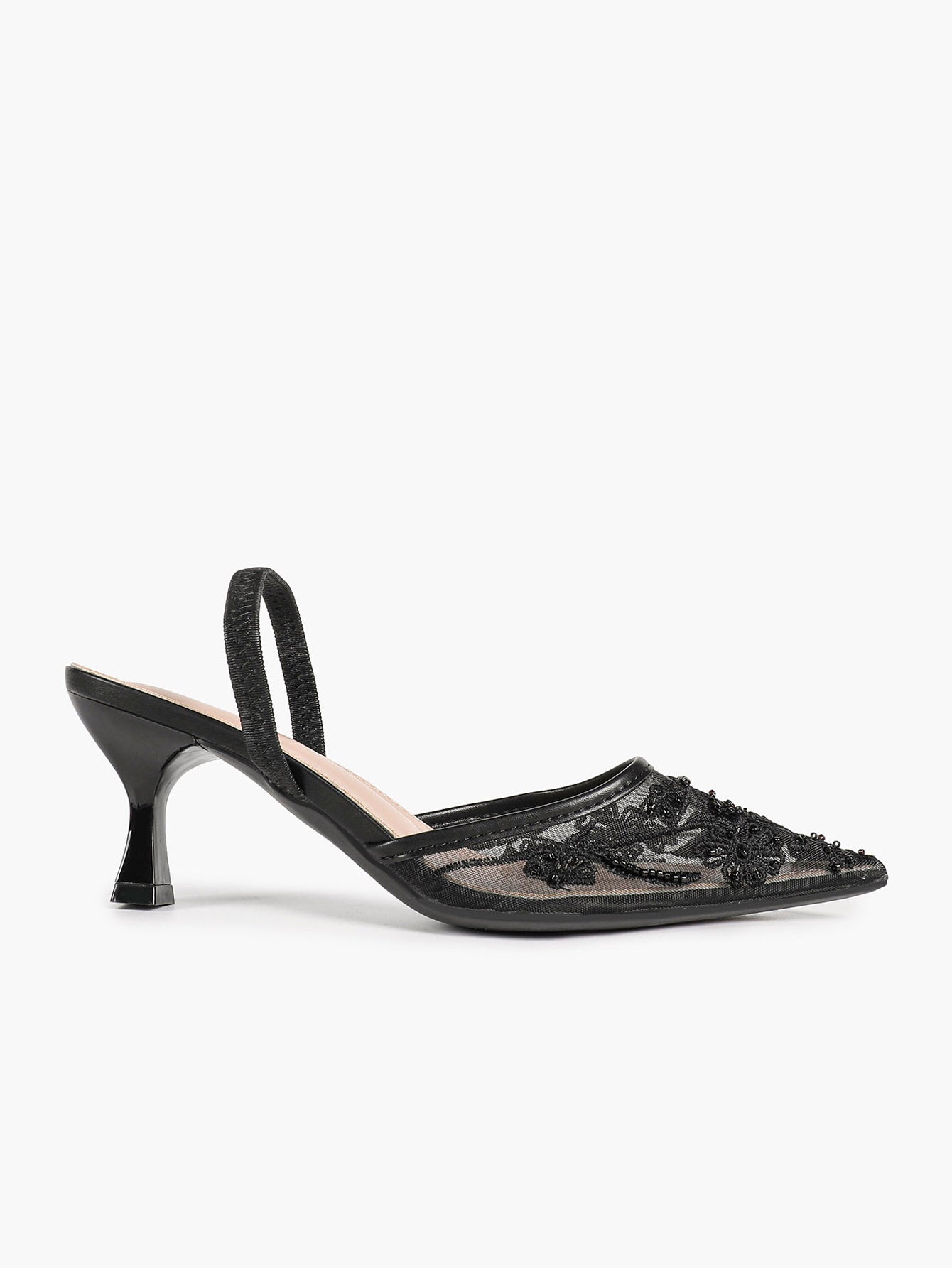 Women's Mesh Embroidered Slingback Heels Pointed Toe Kitten Heel Pumps Elegant Shoes Party Wear