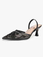 Women's Mesh Embroidered Slingback Heels Pointed Toe Kitten Heel Pumps Elegant Shoes Party Wear