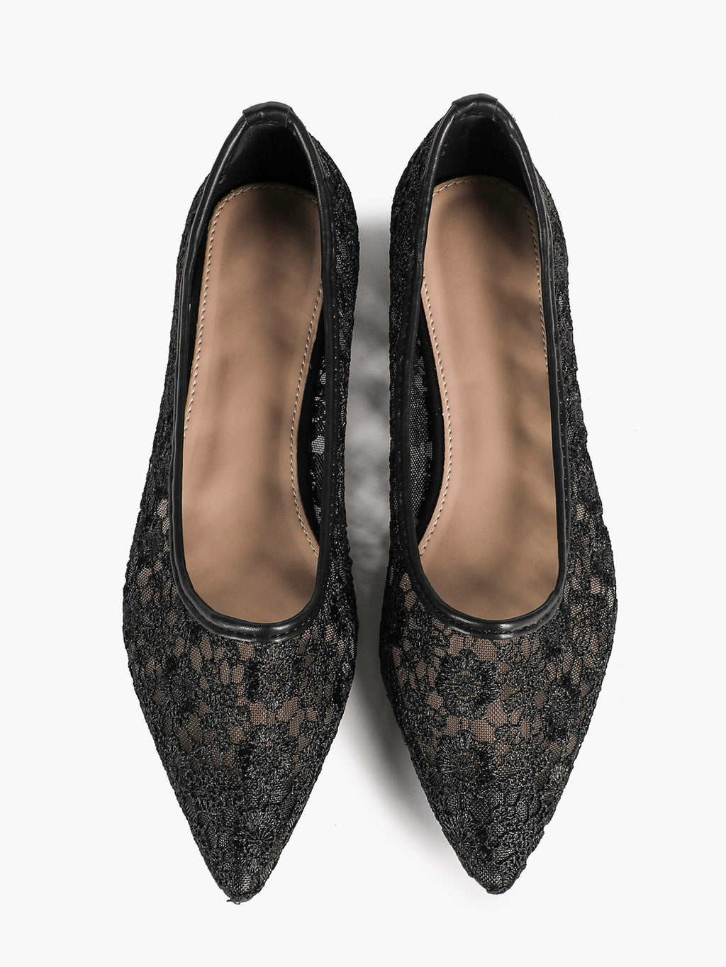 Black Mesh Ballet Flats Lace Pointed Toe Slip On Work Shoes Casual Outfits