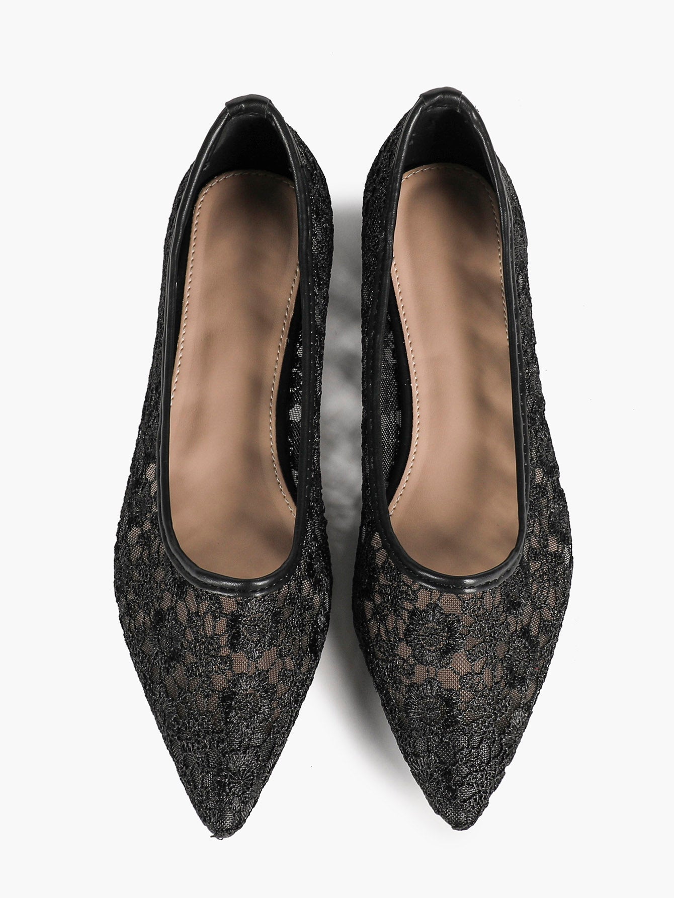 Black Mesh Ballet Flats Lace Pointed Toe Slip On Work Shoes Casual Outfits