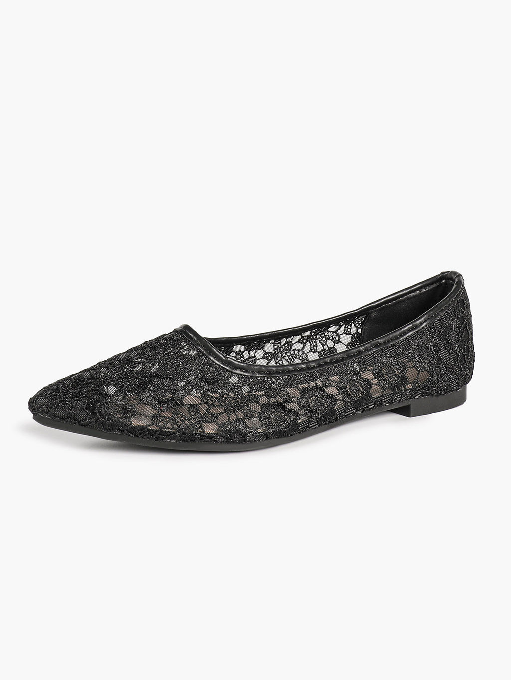 Black Mesh Ballet Flats Lace Pointed Toe Slip On Work Shoes Casual Outfits