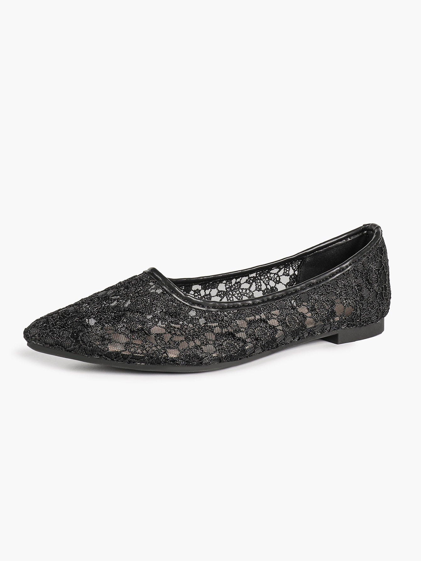 Black Mesh Ballet Flats Lace Pointed Toe Slip On Work Shoes Casual Outfits