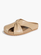 Women's White Faux Leather Knot Flat Mules Open Toe Slip-On Slide Sandals